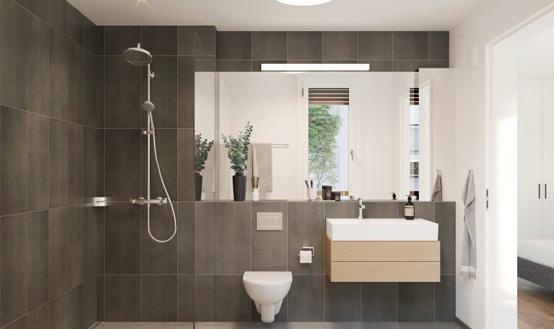 Modernes Badezimmer mit Walk-In Dusche in der Überbauung Strahmmatte Münchenbuchsee